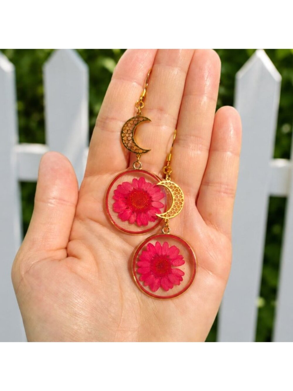 Pressed Flower Moon Earrings Real Flower Resin Earrings Botanical Earrings